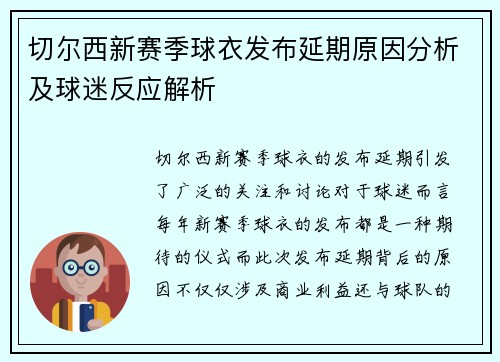 切尔西新赛季球衣发布延期原因分析及球迷反应解析