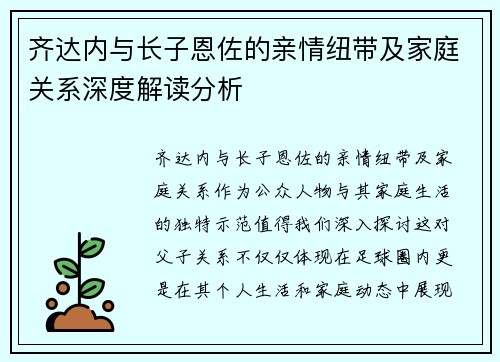 齐达内与长子恩佐的亲情纽带及家庭关系深度解读分析